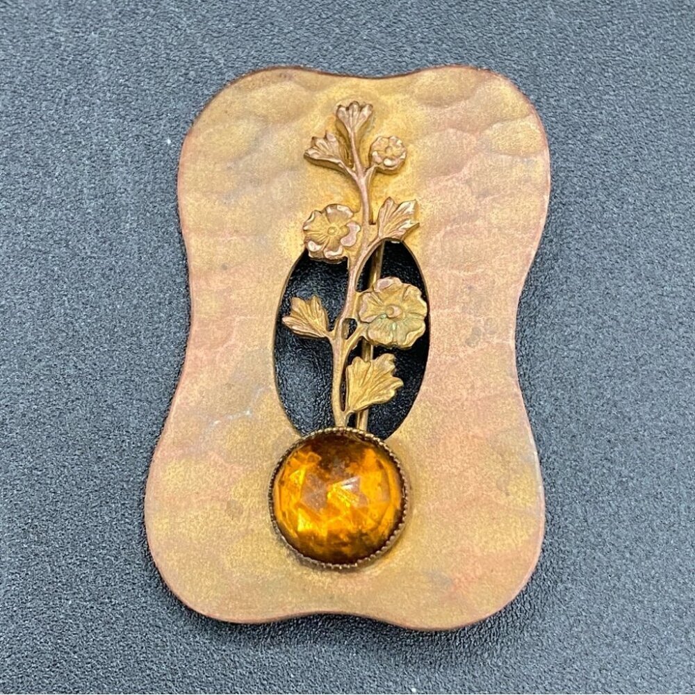 Antique Art Nouveau Brass Thistle Brooch with Citrine Colored Cabochon